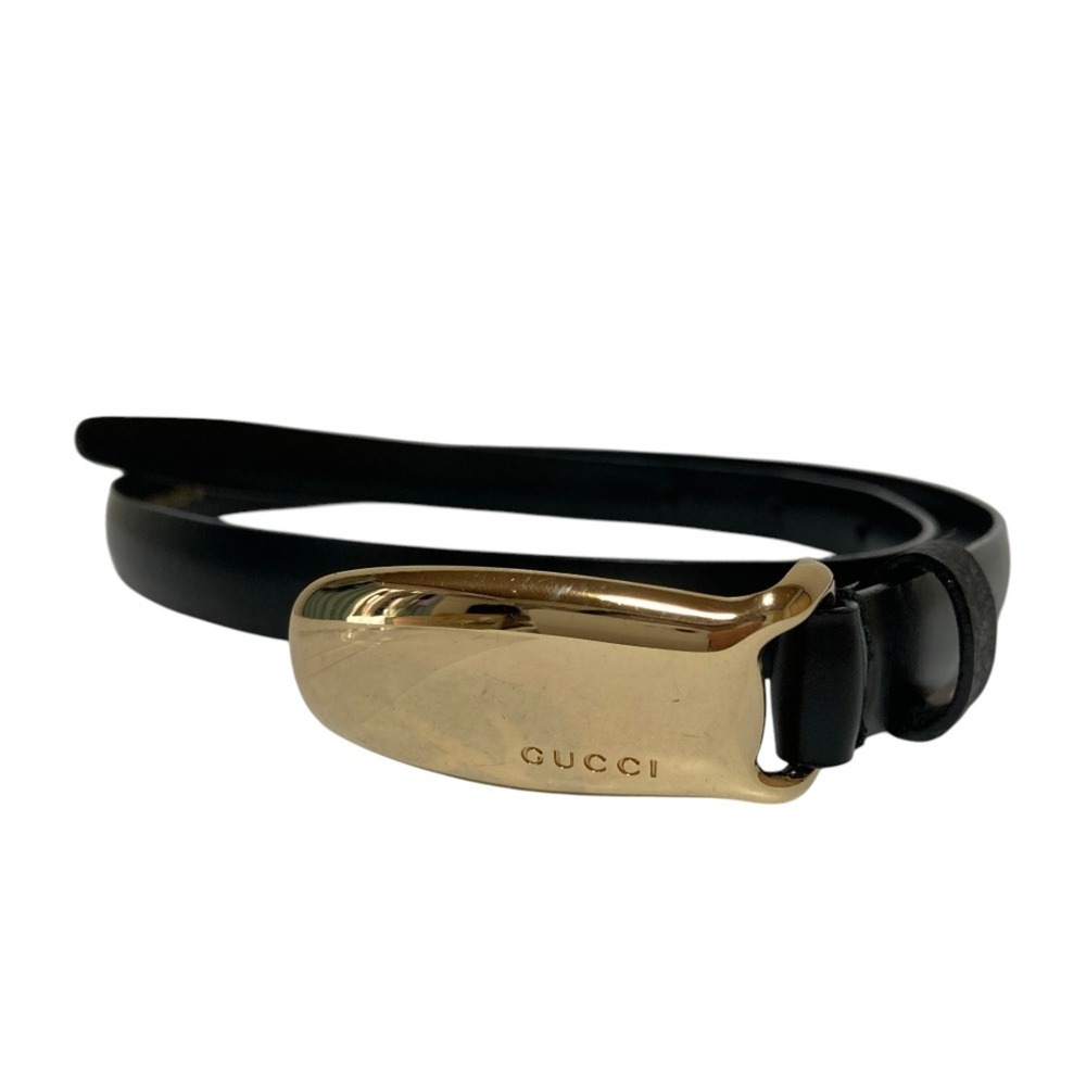 GUCCI Logo Buckle Leather Narrow Belt 65cm (26 inch) Black Women's
